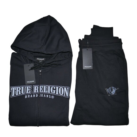 True Religion 2 PC Men's Sweatsuit Denim Logo Hoodie Joggers Tracksuit Set NWT - Picture 1 of 11